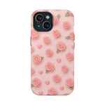Pink Rose Pattern Impact iPhone Case — Floral Hearts Protective Cover (MagSafe compatible)  Shamo's iPhone 15 / Glossy