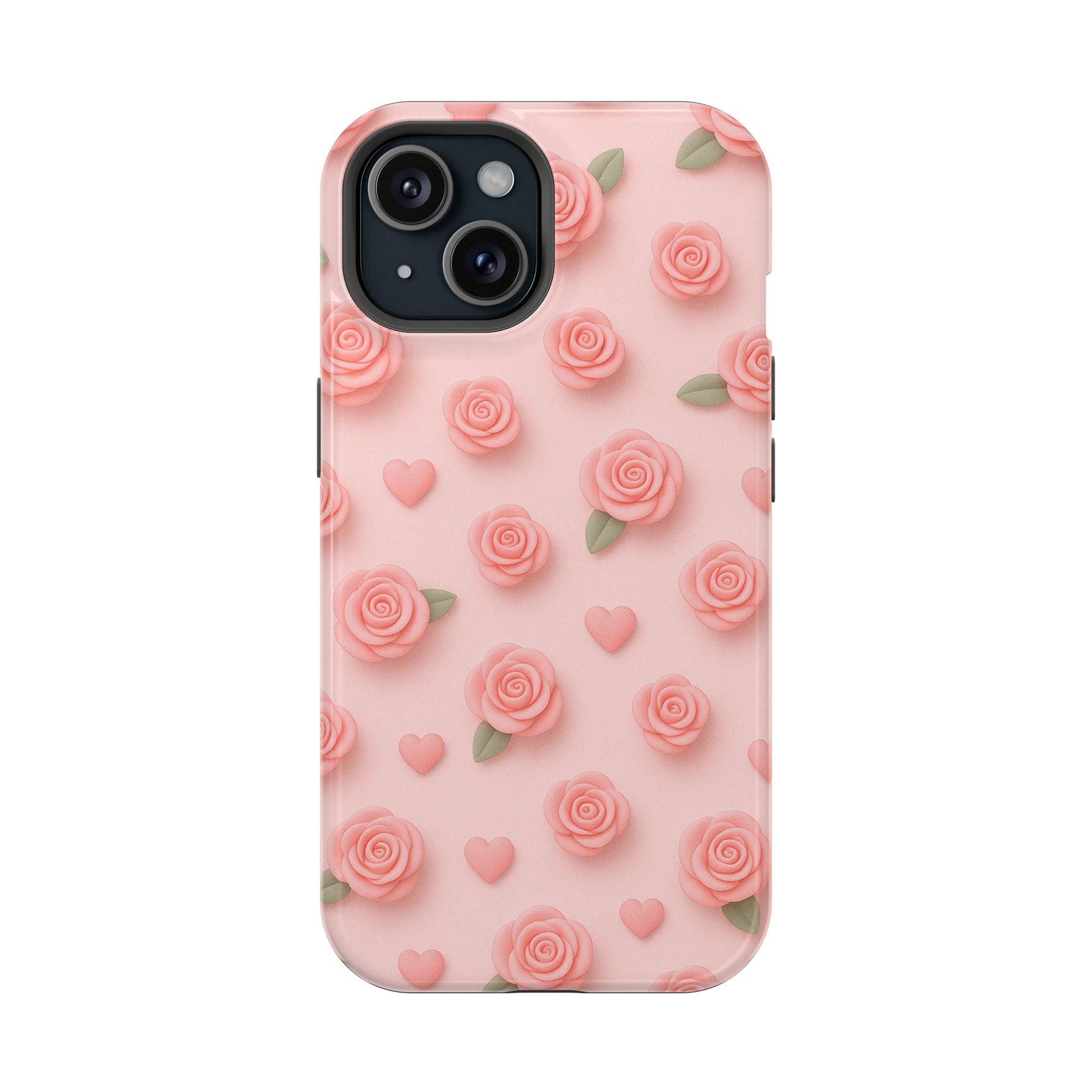 Pink Rose Pattern Impact iPhone Case — Floral Hearts Protective Cover (MagSafe compatible)  Shamo's iPhone 15 / Glossy