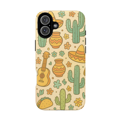 Mexico Hand-Drawn Cactus Pattern iPhone Case – Cute Desert Guitar & Sombrero Design | with MagSafe