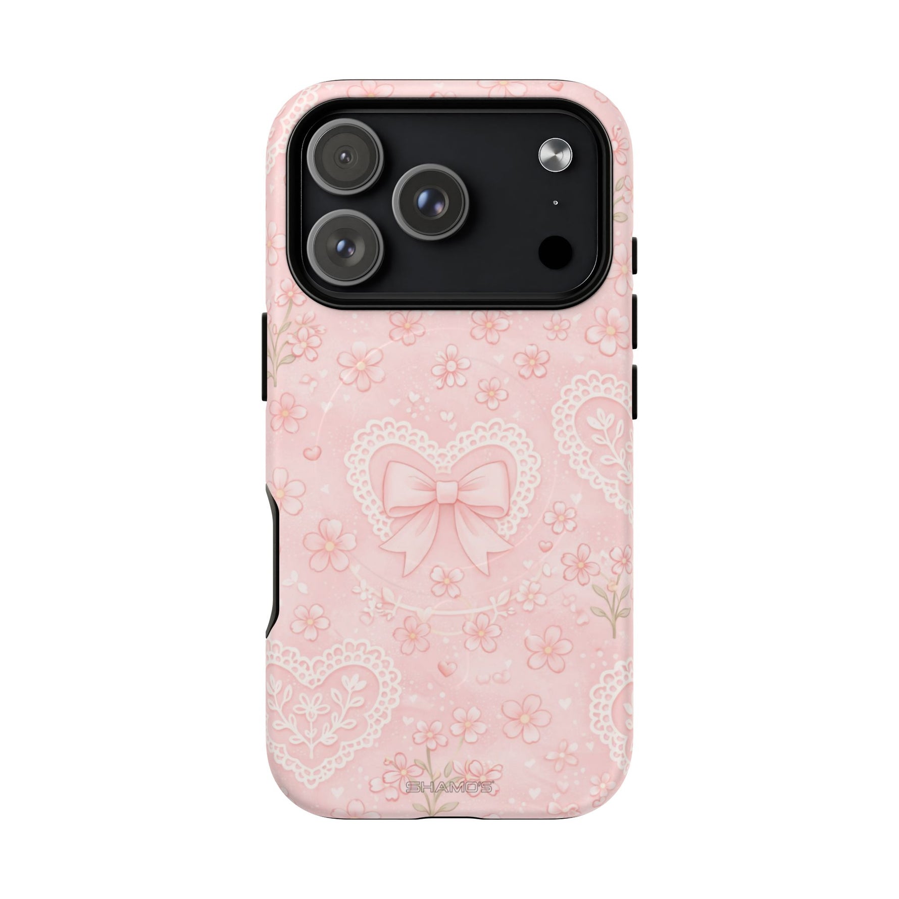 Balletcore Pink Floral Lace iPhone Case with Bow | Works with MagSafe - iPhone 17 Pro / Matte - Shamo's