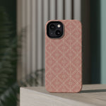 Meadow Lace – Blush Pink Lace Pattern MagSafe Phone Case, glossy diagonal dual-camera model, rear view on a tabletop