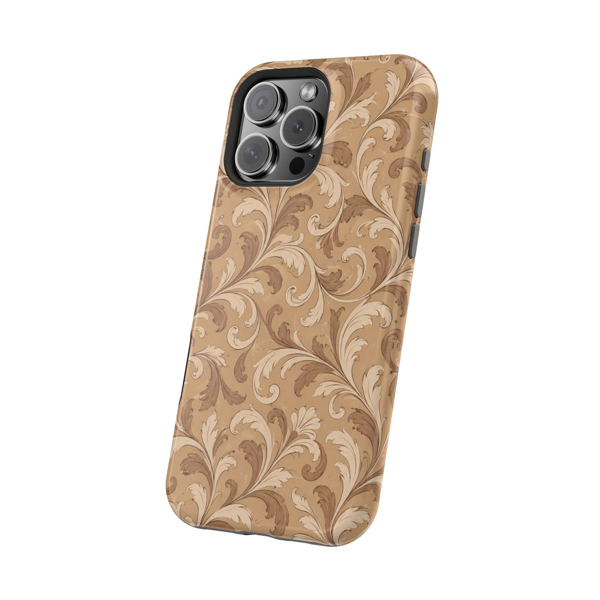 Saddle Scrolls – Tan Western Scrollwork MagSafe Phone Case, glossy square triple-camera Pro model, angled rear view