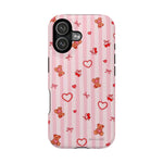 Pink Teddy Hearts Love iPhone Case, Impact-Resistant MagSafe Compatible