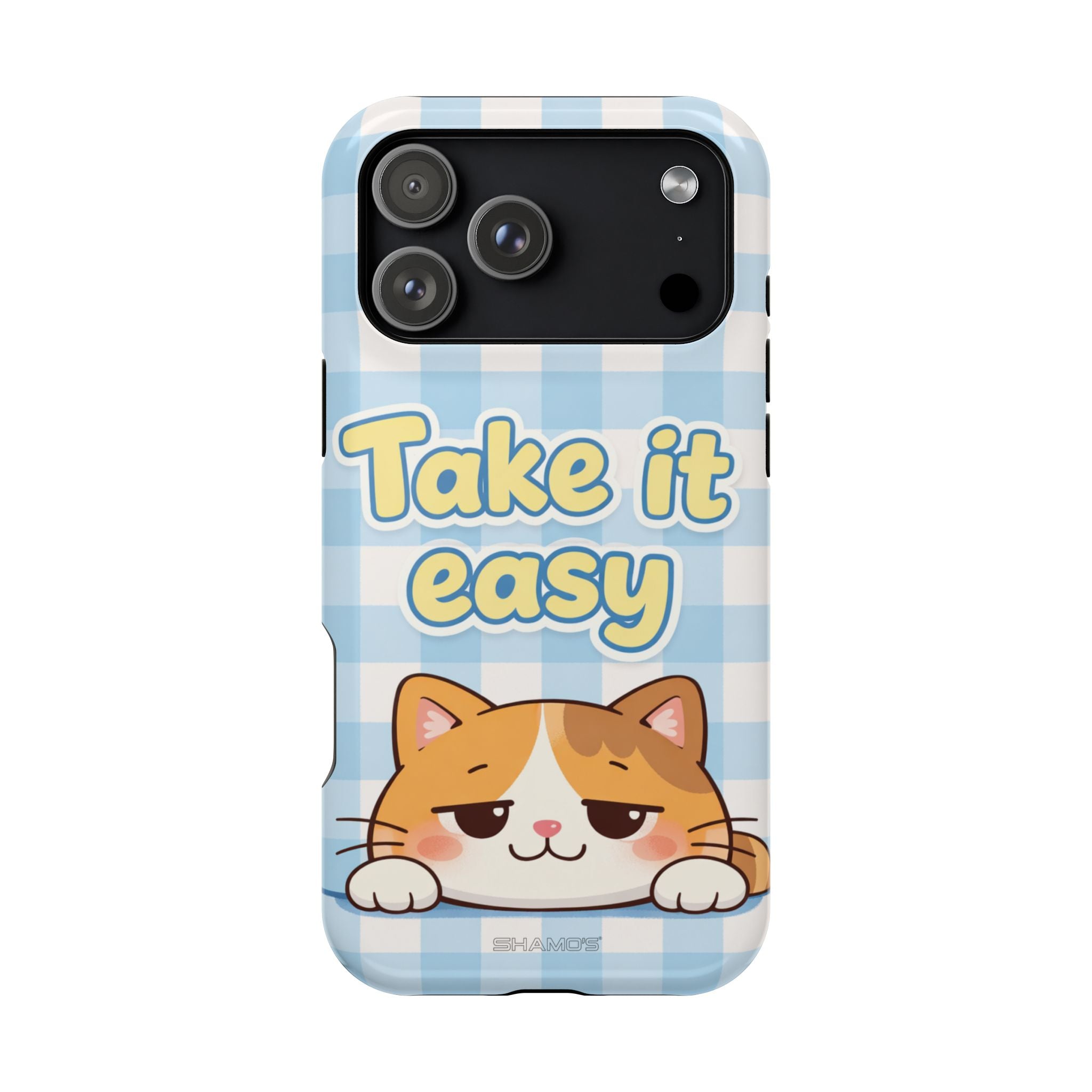 Phone case with a cartoon orange cat and Take it easy lettering on blue and white gingham