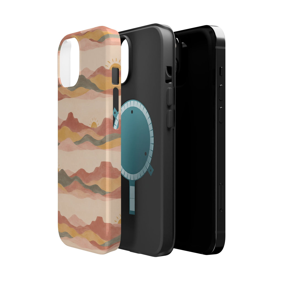 Sunset Trails – Desert Landscape MagSafe Phone Case, glossy diagonal dual-camera model, exploded shell and liner with magnetic ring