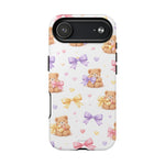 white phone case with teddy bear design and pastel bows, small variant size for compact phone
