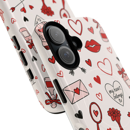 Romantic Love Doodle Tough iPhone Case ("LOVE", hearts, roses) (MagSafe compatible)