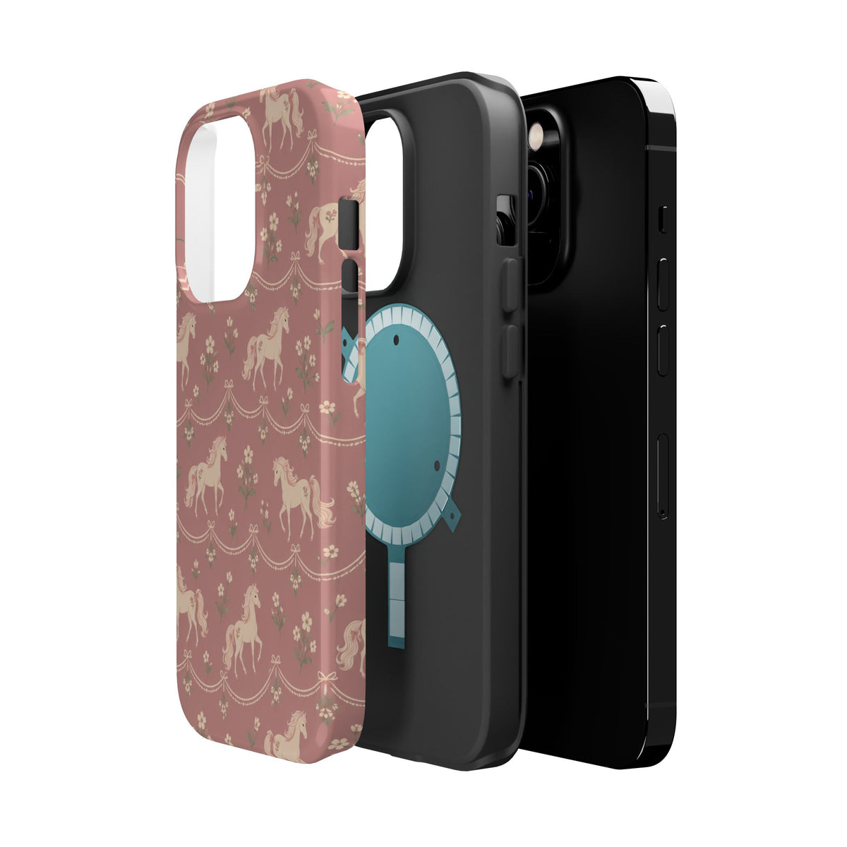 Rose Ponies MagSafe Phone Case, glossy square triple-camera Pro model, exploded shell and liner with magnetic ring