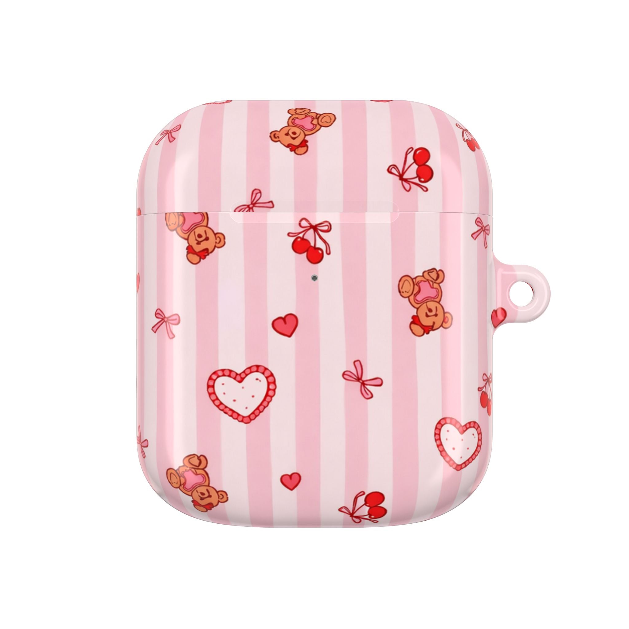 Pink Teddy Hearts AirPod Case, Cute Striped Protective Cover - AirPods Gen 1 / White / Glossy - Shamo's