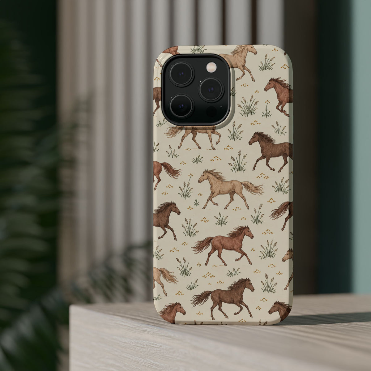 Wild Mustangs – Western Horse Pattern MagSafe Phone Case, glossy square triple-camera Pro model, rear view on a tabletop