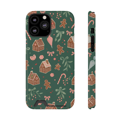 Holiday Gingerbread Phone Case with Card Holder — Festive Green Candy Cane Design