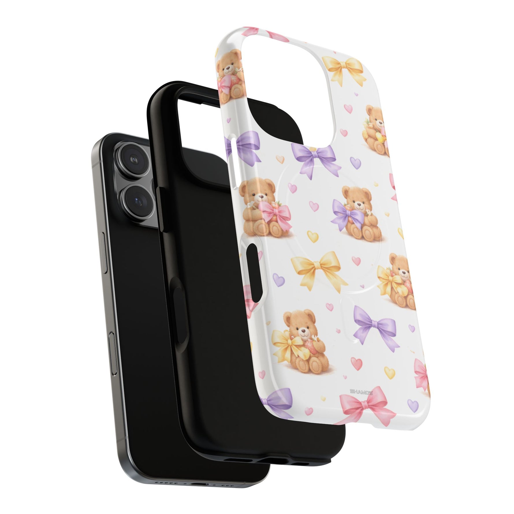 iPhone 14 Pro with two phone cases, black and white teddy bear design case showing variant size