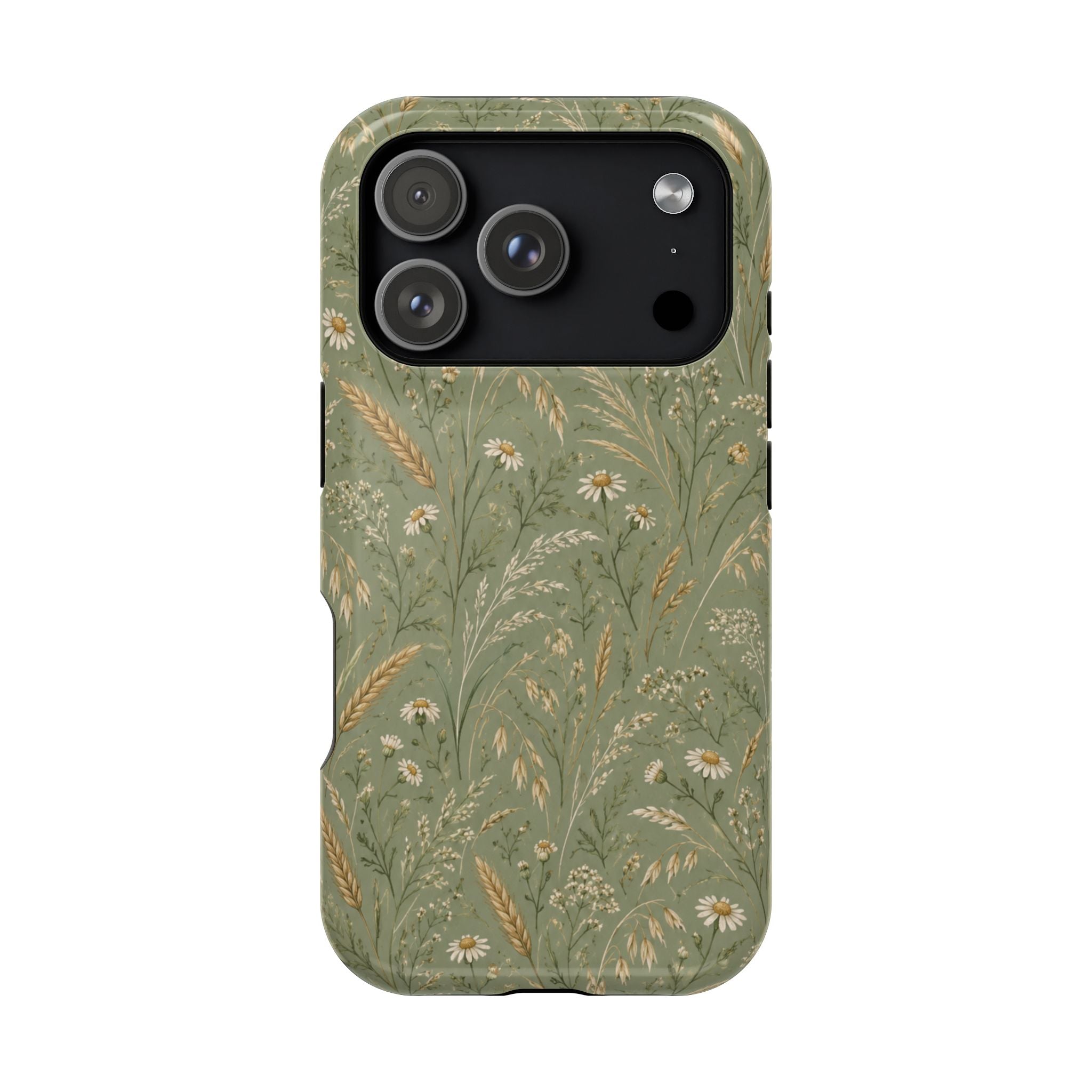 Golden Meadow – Sage Green Wildflower MagSafe Phone Case, glossy iPhone 17 Pro, rear view
