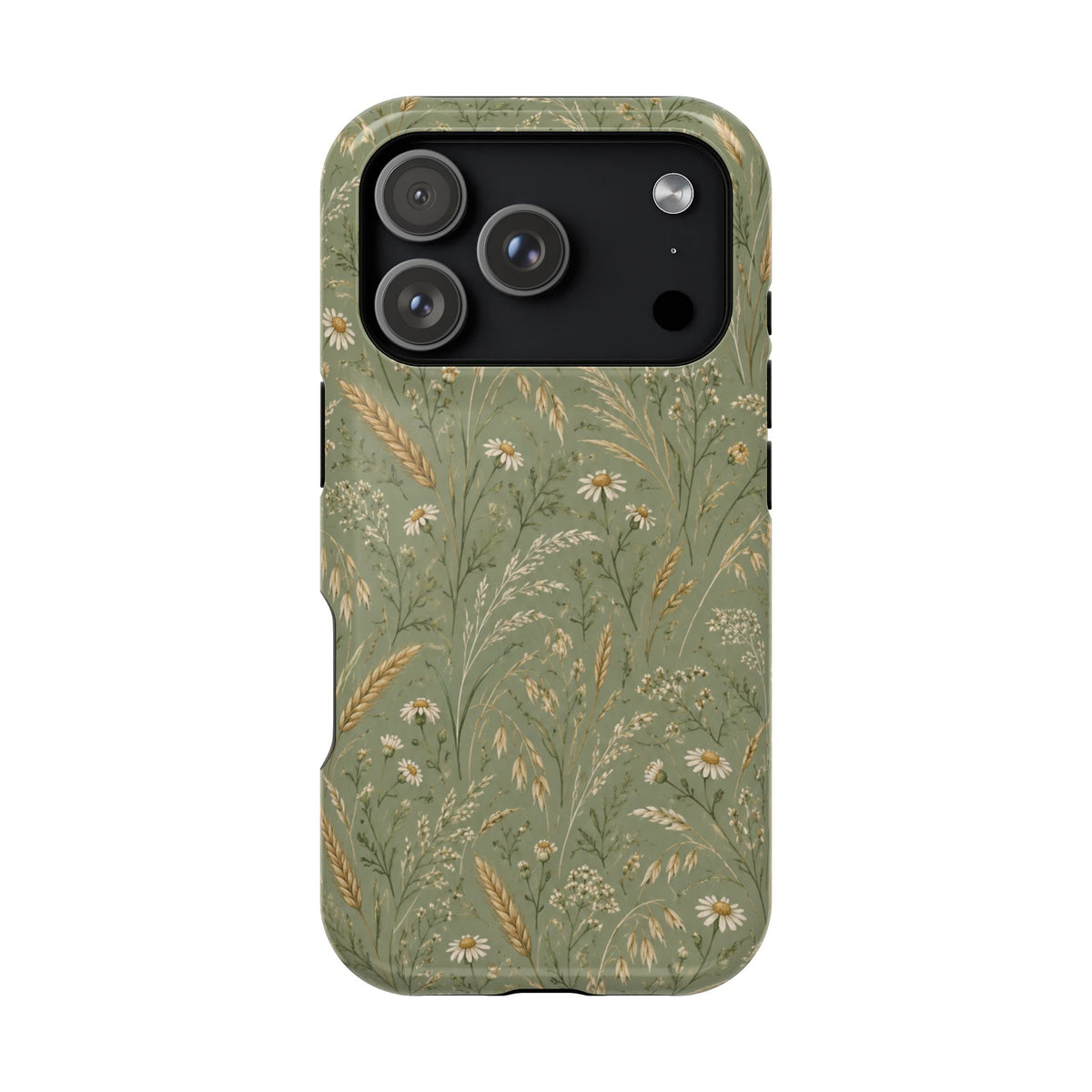 Golden Meadow – Sage Green Wildflower MagSafe Phone Case, glossy iPhone 17 Pro, rear view