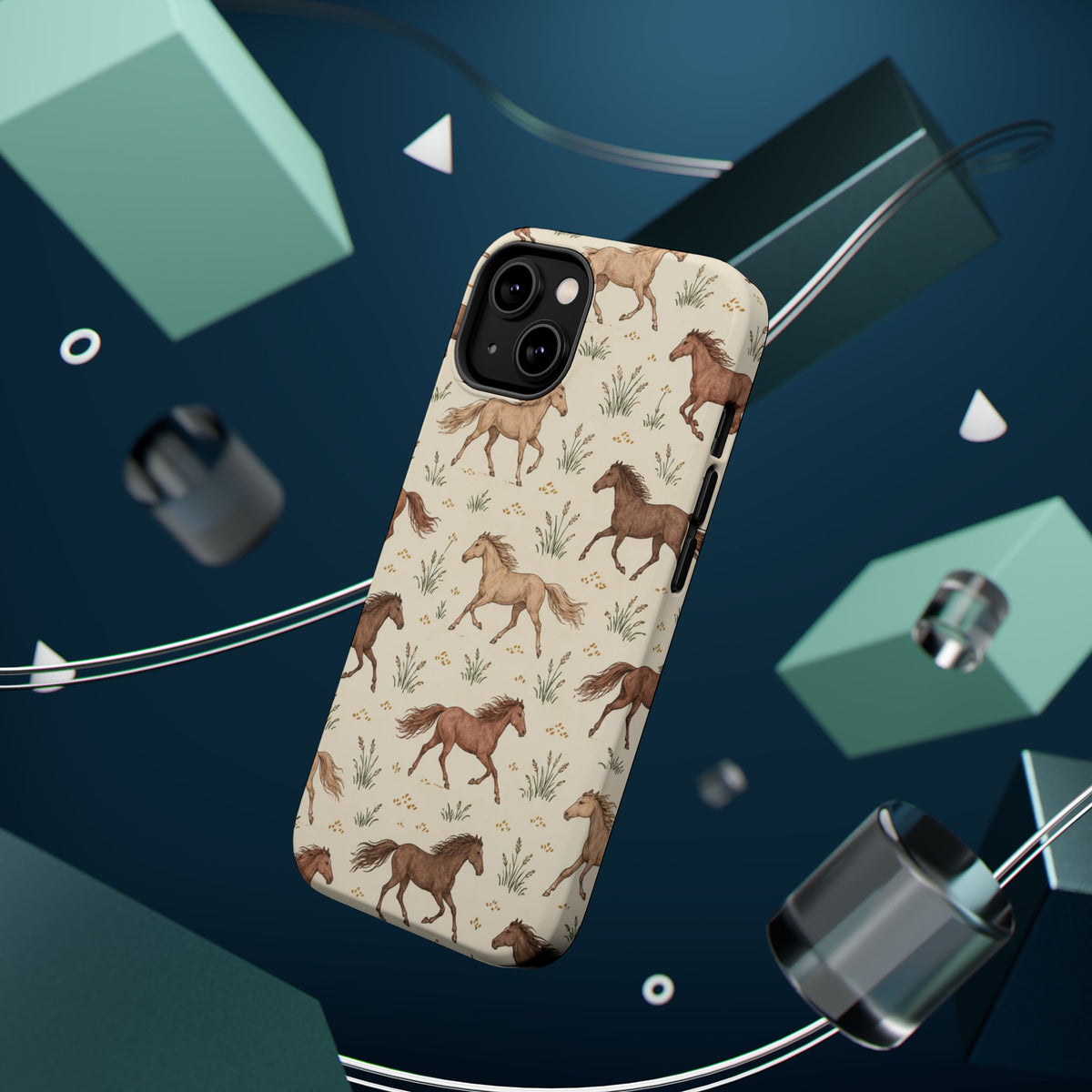 Wild Mustangs – Western Horse Pattern MagSafe Phone Case, glossy diagonal dual-camera model, rear view with magnetic accessories