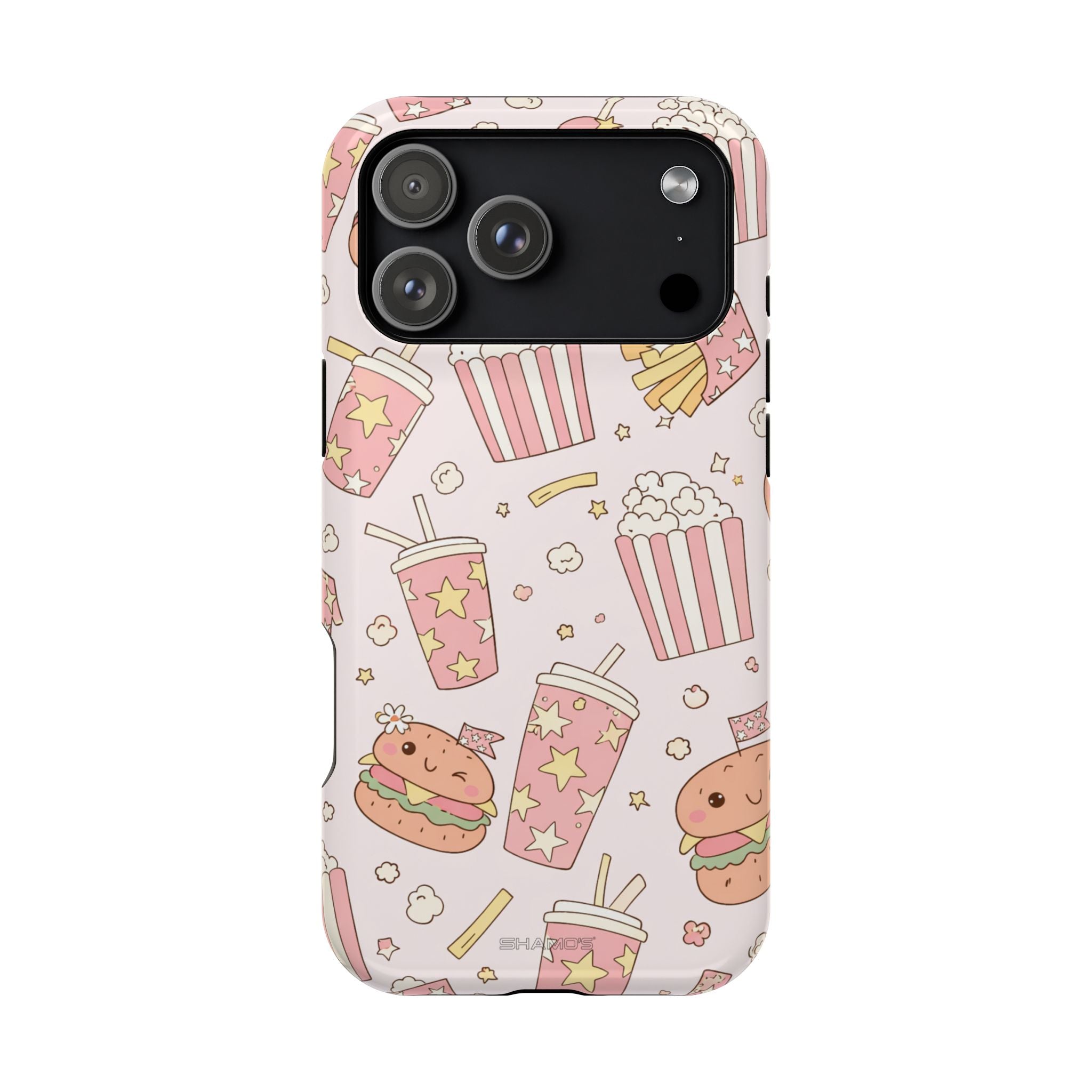 Kawaii Snack Pattern Magnetic Phone Case, Cute Popcorn, Burger & Soda Design with MagSafe Compatibility