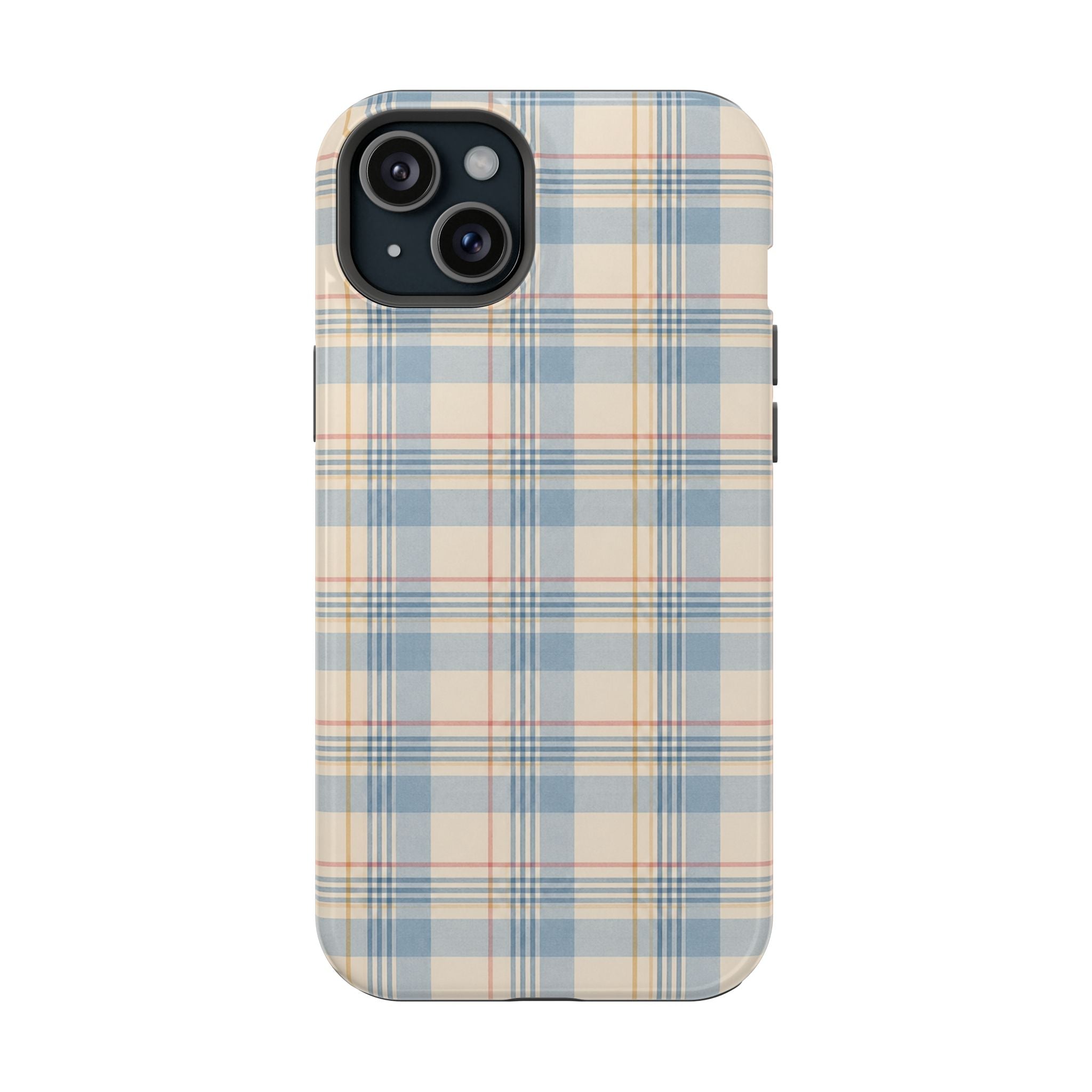 Ranch Check – Blue and Cream Plaid MagSafe Phone Case, glossy iPhone 15 Plus, rear view
