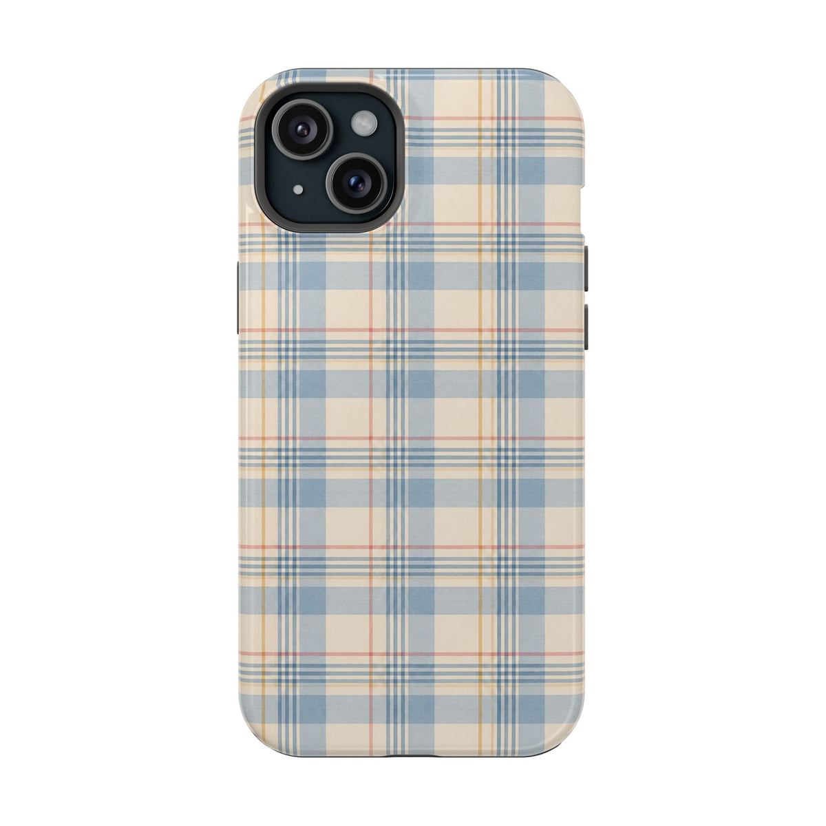 Ranch Check – Blue and Cream Plaid MagSafe Phone Case, glossy iPhone 15 Plus, rear view