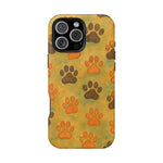 iPhone 14 Pro Max case with orange and brown paw prints pattern on yellow background