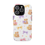 iPhone case with 3 camera cutout, teddy bear and colorful bow pattern, medium size variant
