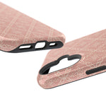 Meadow Lace – Blush Pink Lace Pattern MagSafe Phone Case, glossy vertical dual-camera model, port openings and edge details
