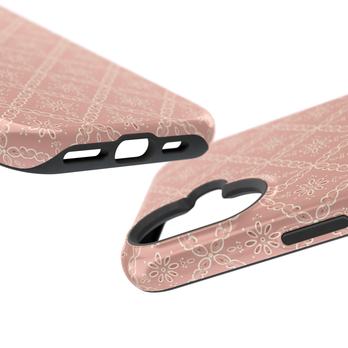 Meadow Lace – Blush Pink Lace Pattern MagSafe Phone Case, glossy vertical dual-camera model, port openings and edge details