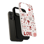 Romantic Love Doodle Tough iPhone Case ("LOVE", hearts, roses) (MagSafe compatible)  Shamo's