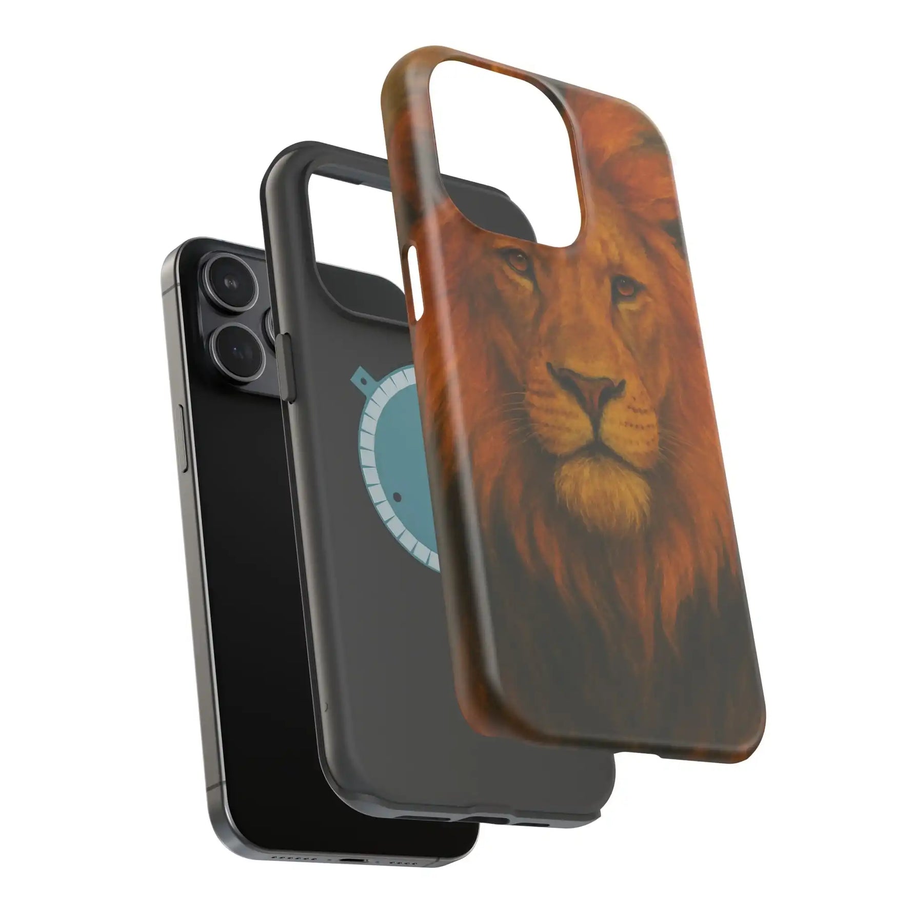 iPhone 14 Pro Max with 6.7 inch size shown with a lion print phone case and a black MagSafe case