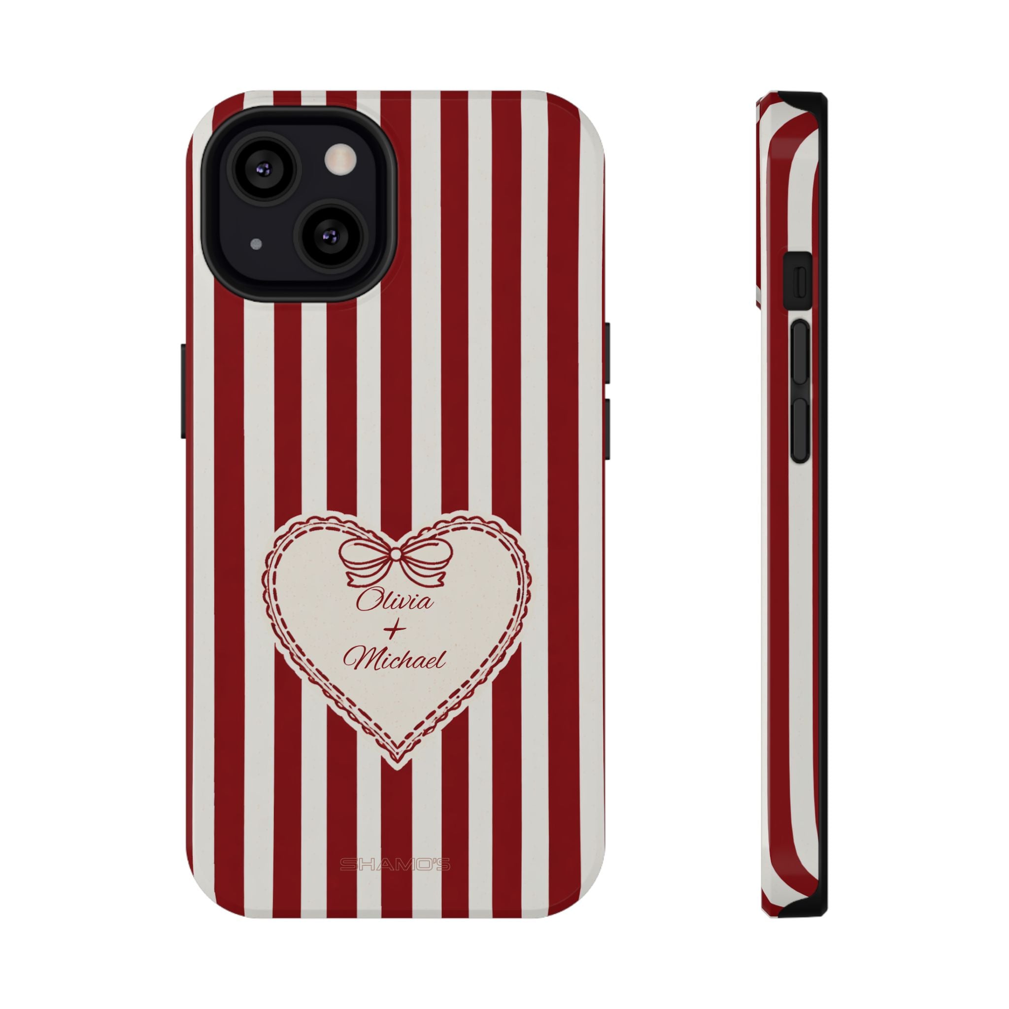 Phone case with red and white vertical stripes and a cream heart with a bow and names