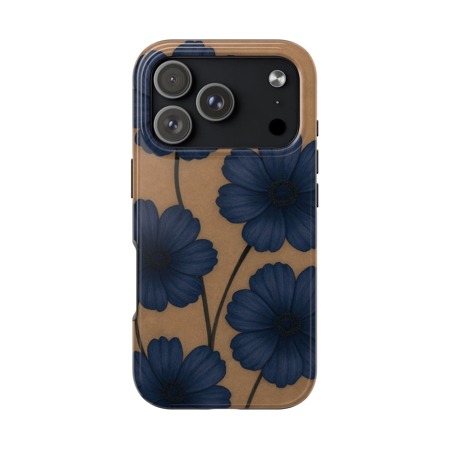 Navy Floral Tough iPhone Case — Durable Protective Case with Blue Flowers on Kraft Background  Shamo's iPhone 17 Pro