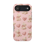 Pink Teddy Hearts Love iPhone Case, Impact-Resistant MagSafe Compatible