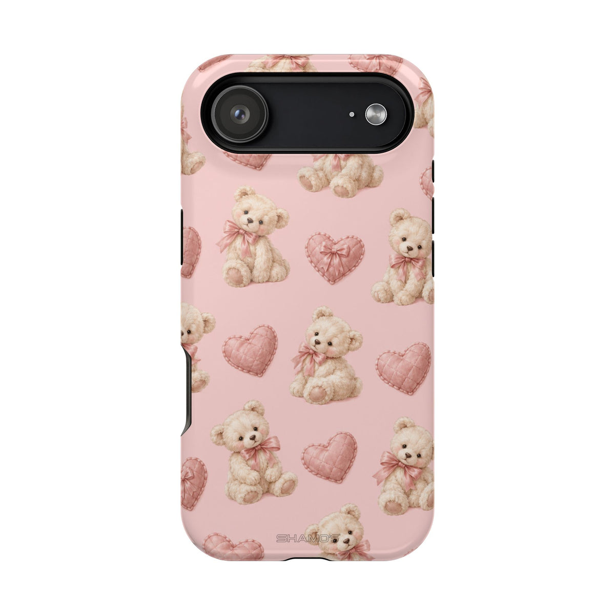 Pink Teddy Hearts Love iPhone Case, Impact-Resistant MagSafe Compatible