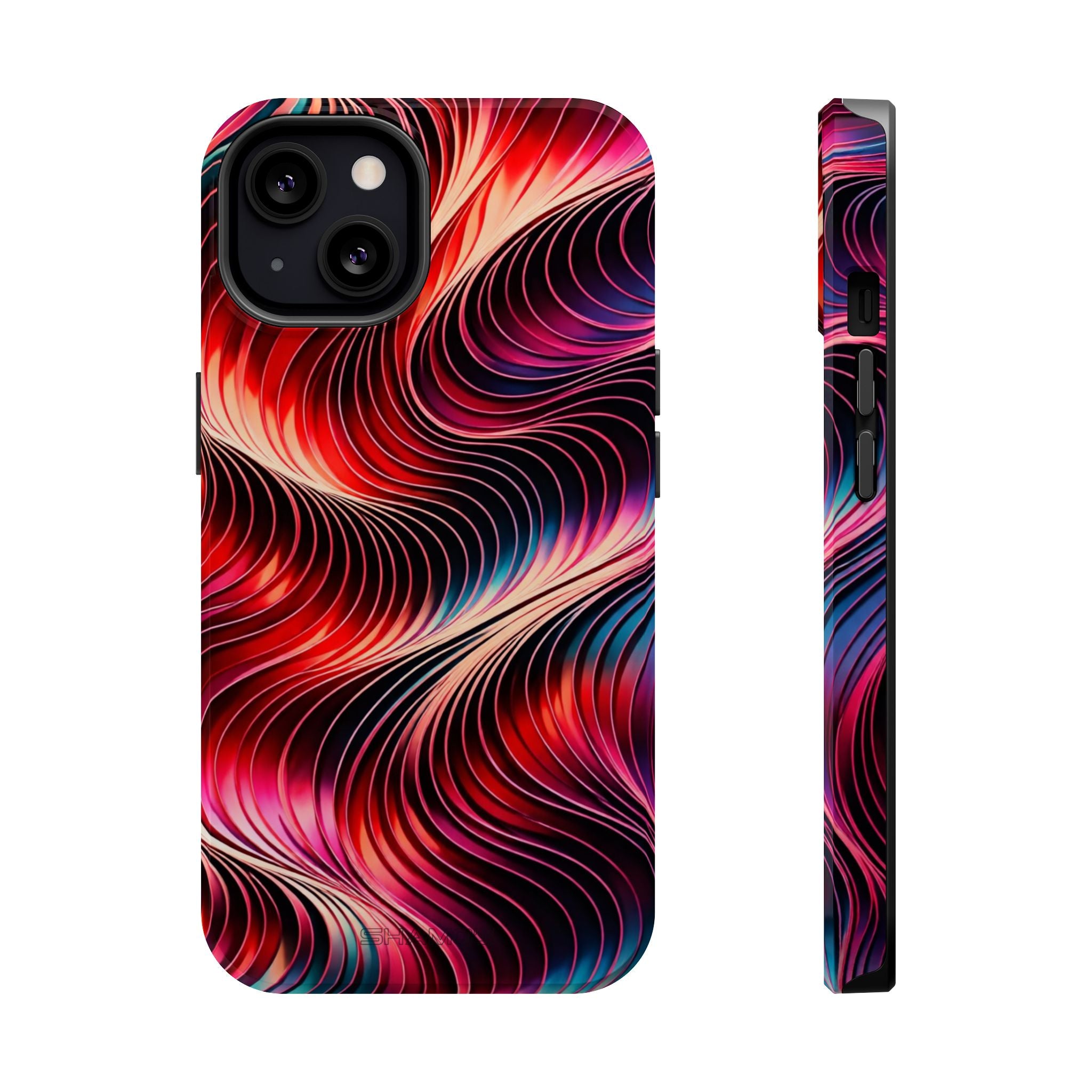 Phone case with flowing red, pink, purple, and blue lines on a black background