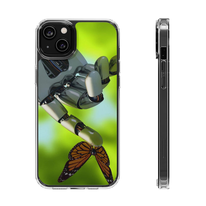 Clear Cases for iPhone 14 Series with Robotic hand and Butterfly.