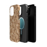 Saddle Scrolls – Tan Western Scrollwork MagSafe Phone Case, glossy square triple-camera Pro model, exploded shell and liner with magnetic ring