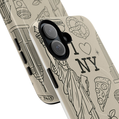 NY City Icons Tough iPhone Case — Statue of Liberty, Pizza & Taxi Pattern | Compatible with MagSafe