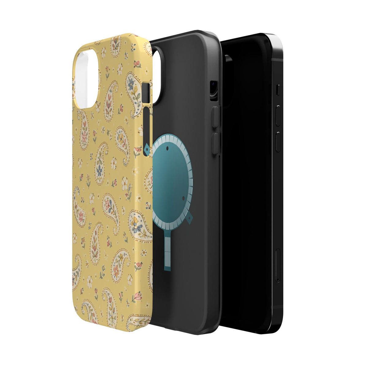 Honey Paisley MagSafe Phone Case, glossy diagonal dual-camera model, exploded shell and liner with magnetic ring