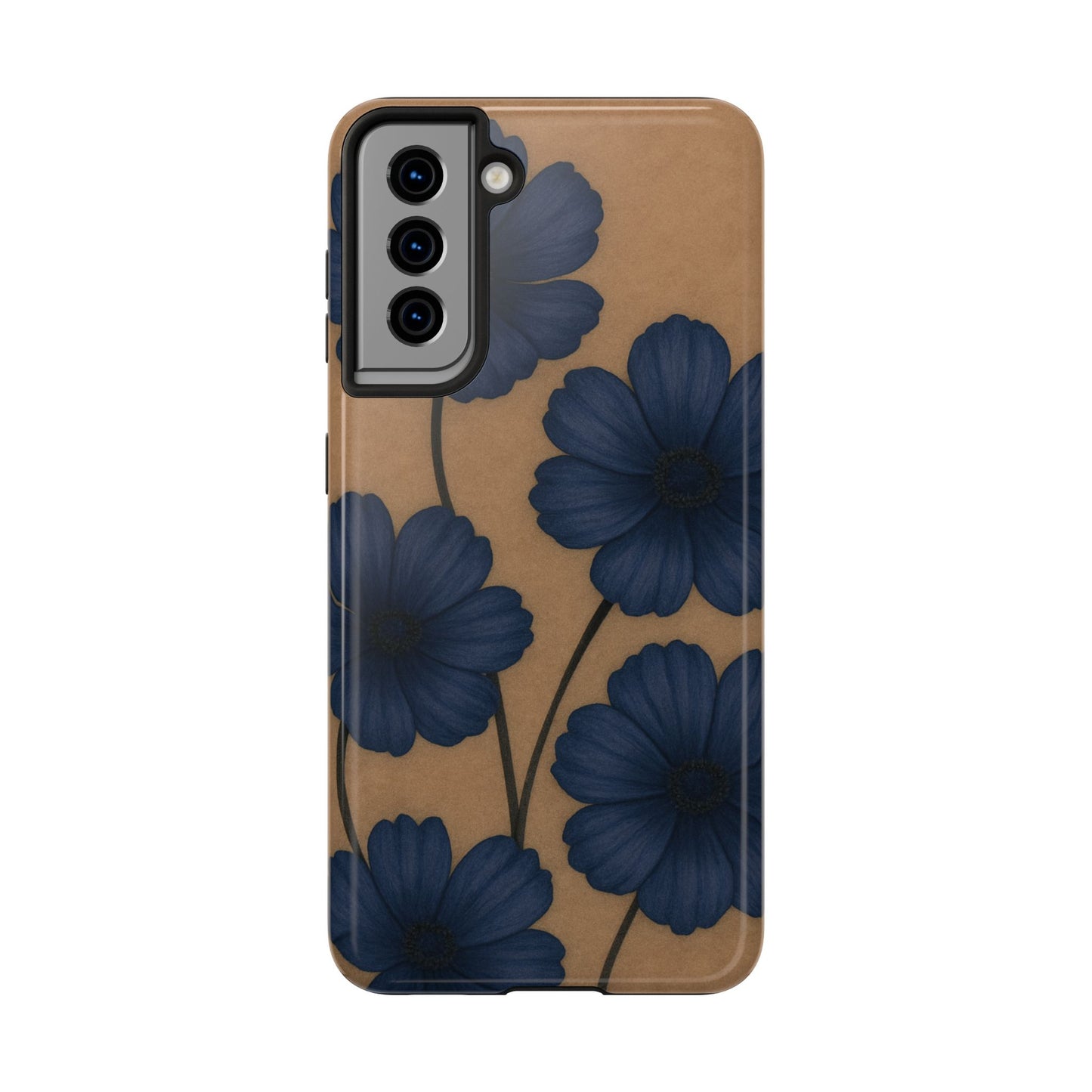 Navy Floral Tough iPhone Case — Durable Protective Case with Blue Flowers on Kraft Background