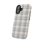 Ranch Check – Blue and Cream Plaid MagSafe Phone Case, glossy vertical dual-camera model, angled rear view