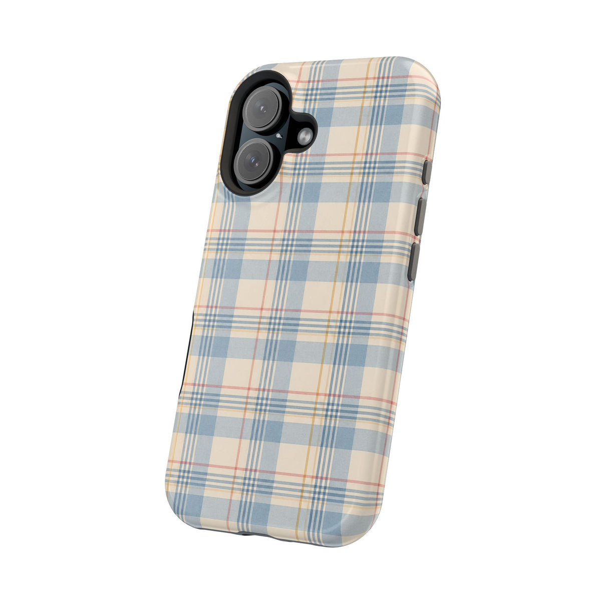 Ranch Check – Blue and Cream Plaid MagSafe Phone Case, glossy vertical dual-camera model, angled rear view