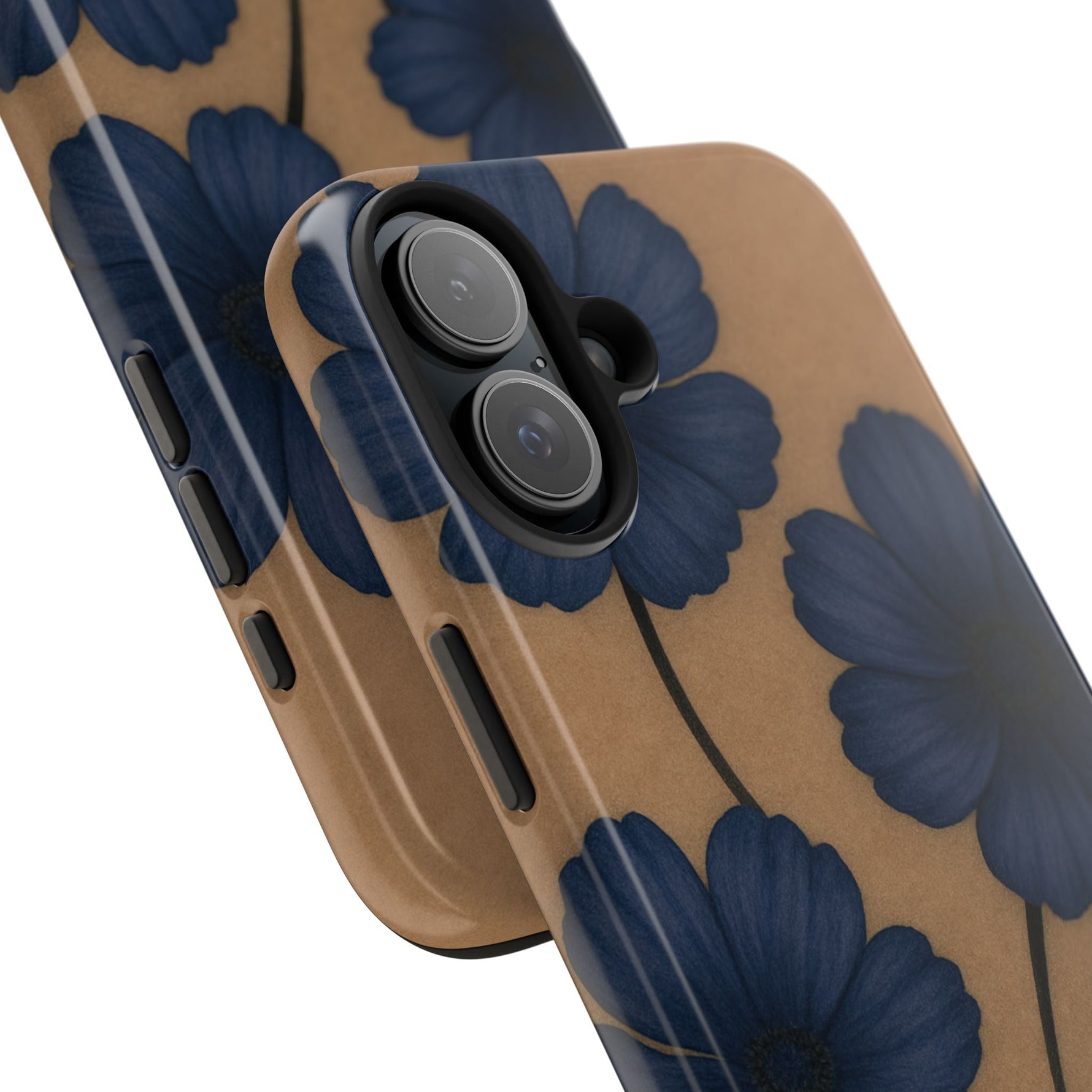 Navy Floral Tough iPhone Case — Durable Protective Case with Blue Flowers on Kraft Background  Shamo's