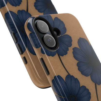 Navy Floral Tough iPhone Case — Durable Protective Case with Blue Flowers on Kraft Background