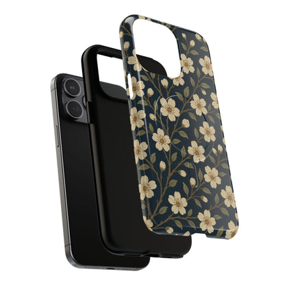 Navy Cherry Blossom Floral iPhone Case - Compatible with MagSafe