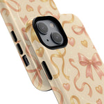 Festive Bow Charm iPhone Case — Pink & Gold Ribbon Hearts with MagSafe - Shamo's