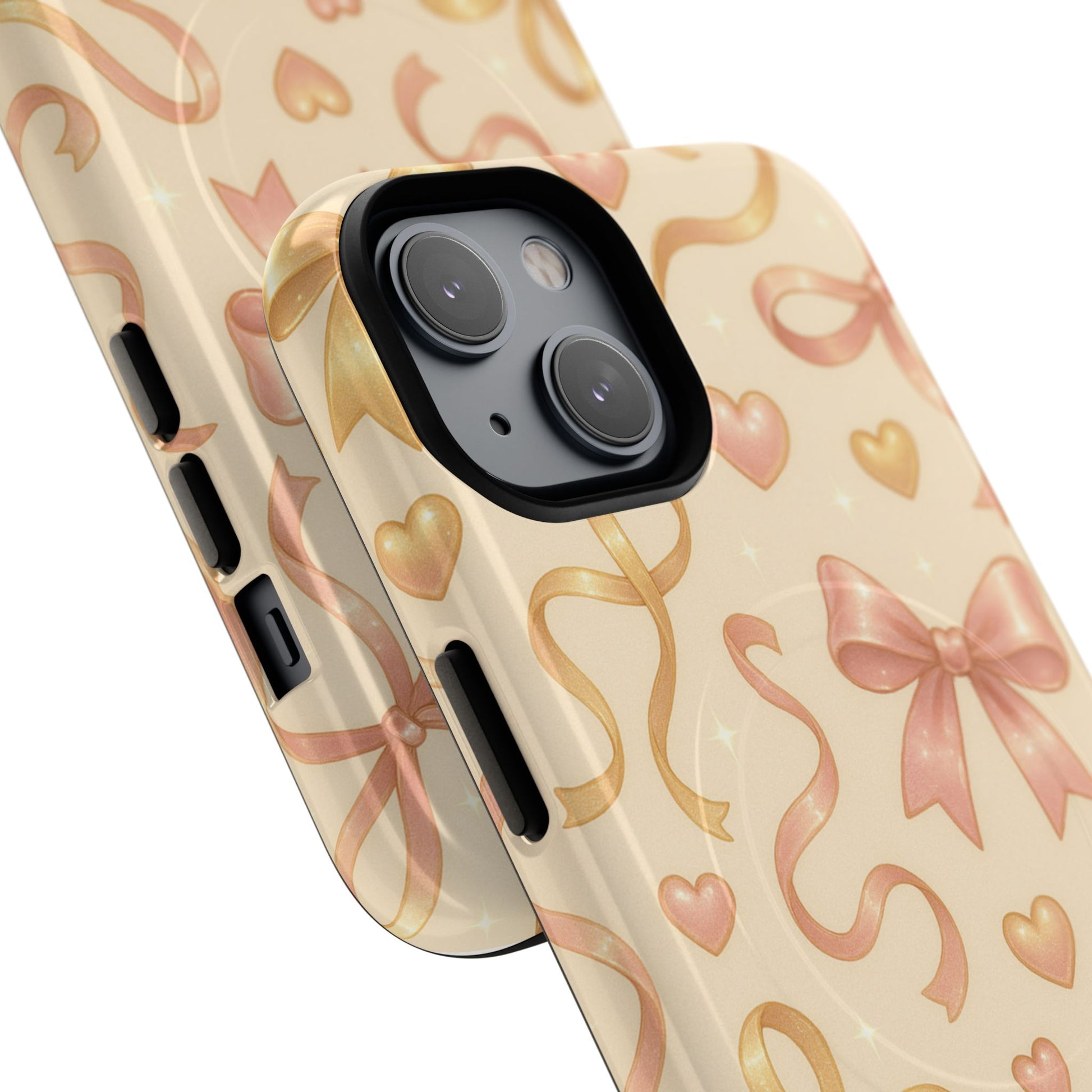 Festive Bow Charm iPhone Case — Pink & Gold Ribbon Hearts with MagSafe - Shamo's