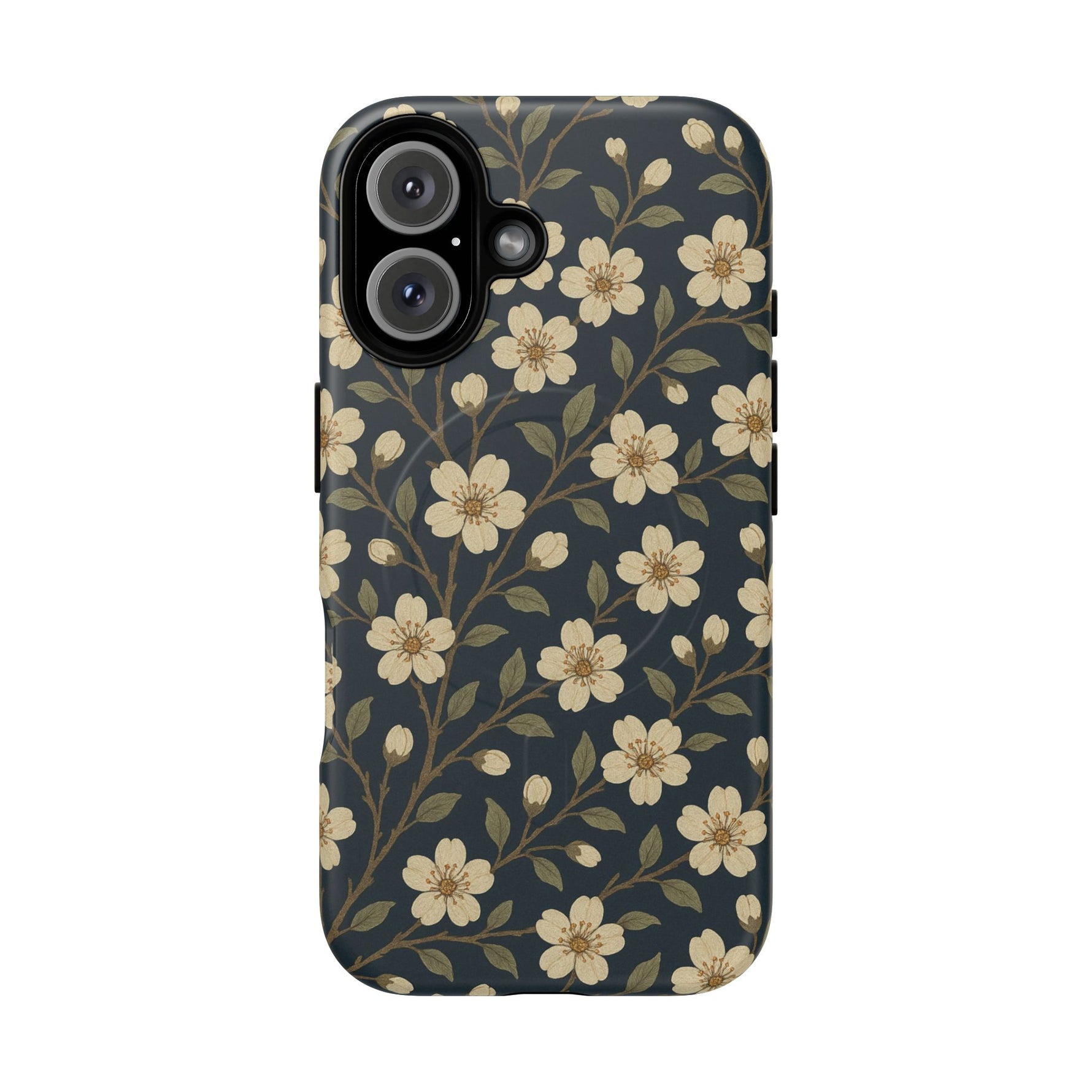 Navy Cherry Blossom Floral iPhone Case - Compatible with MagSafe - Shamo's