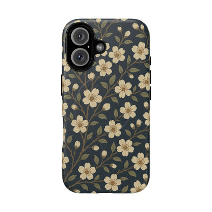 Navy Cherry Blossom Floral iPhone Case - Compatible with MagSafe