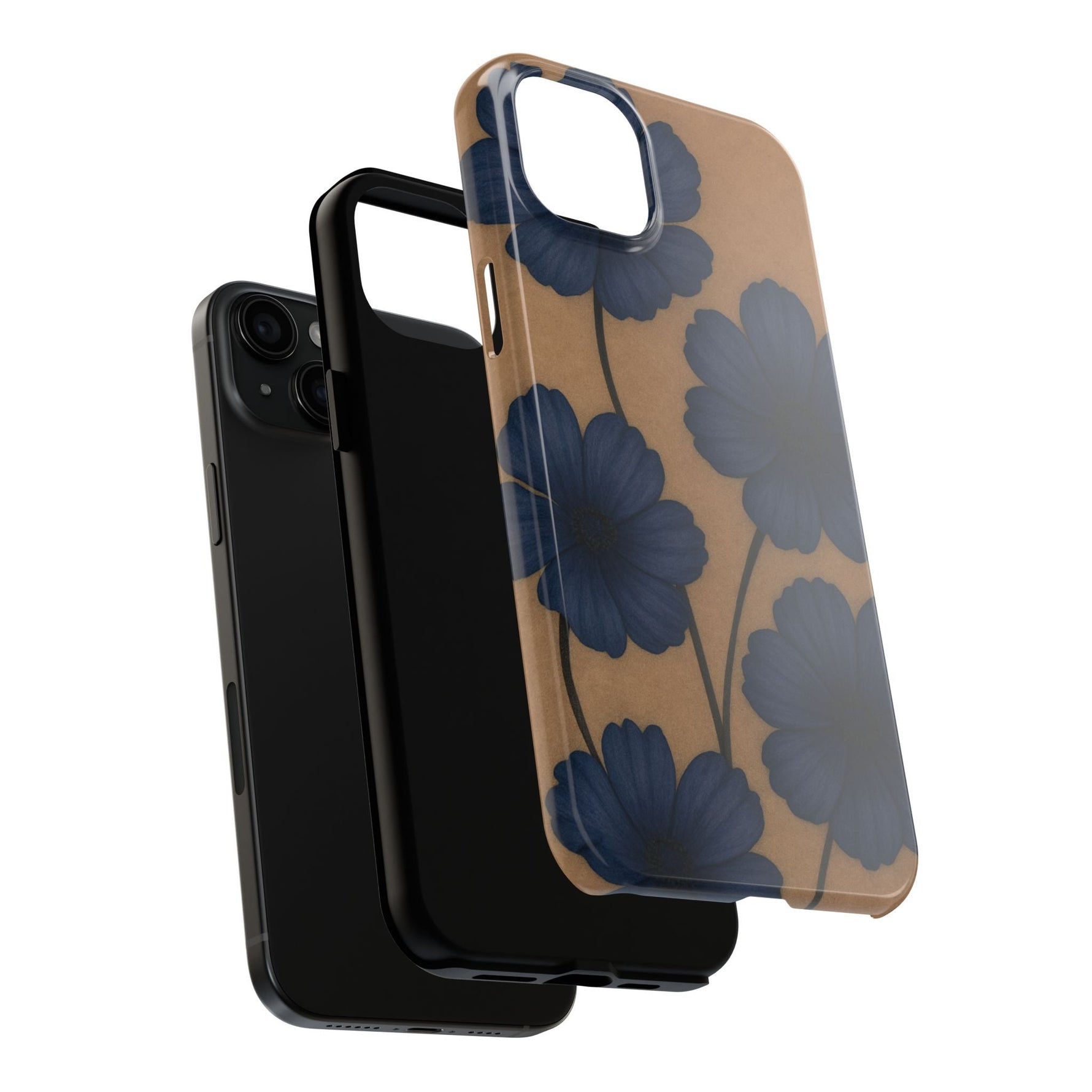 Navy Floral Tough iPhone Case — Durable Protective Case with Blue Flowers on Kraft Background  Shamo's