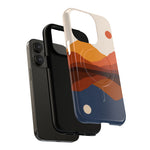 Black smartphone with two cases, one solid black and one with orange and blue abstract mountain design, showing sizes