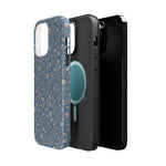 Denim Wildflowers MagSafe Phone Case, glossy square triple-camera Pro model, exploded shell and liner with magnetic ring